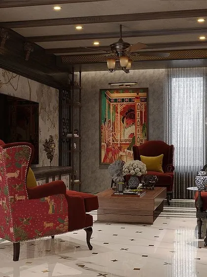 Another view of our maximalist living room, showcasing the blend of cultural heritage and design. The space features a mix of classic furniture, intricate patterns, and lush greenery for a rich, layered look.