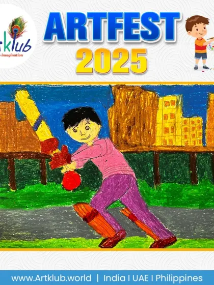 A powerful depiction of a cricketer hitting a shot, created by a junior artist. The bright colours and bold strokes convey a sense of action.