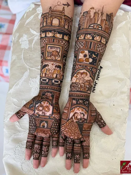 A full view of the "Mumbai to Toronto" story mehendi, showing how different elements like skylines, movie nights, and the wedding ceremony are combined into one narrative.