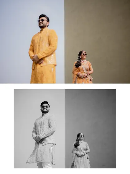 An artistic split-photo collage of the bride and groom, presented in both color and black and white for a modern touch.