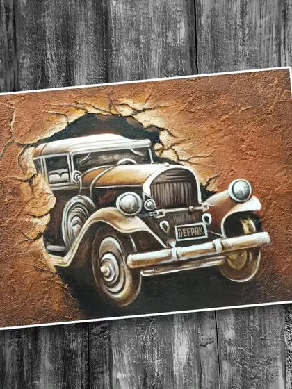 A unique 3D acrylic painting of a vintage car breaking through a wall. We teach techniques to create texture and depth, making your paintings pop.