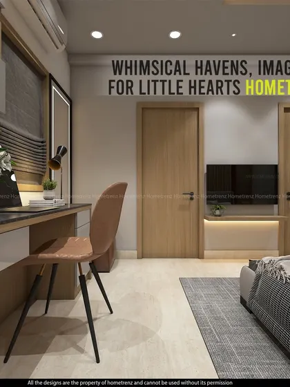 A bedroom design that includes a compact study desk and chair. The light wood tones and white cabinets keep the space feeling bright and open.