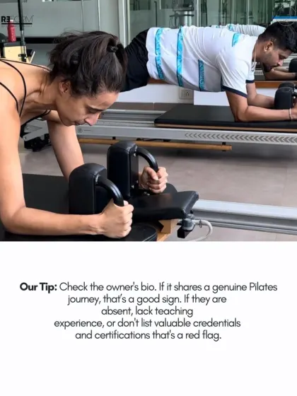 Our tip for finding a great studio: check the owner's bio. A genuine Pilates journey, teaching experience, and valuable certifications are signs of quality and authenticity.