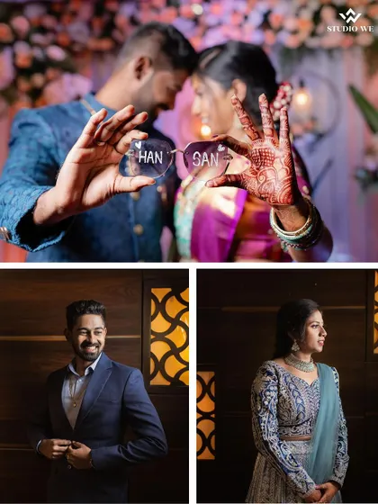 A creative collage from an engagement shoot, highlighting the couple's custom glasses, their stylish outfits, and the beautiful henna on the bride's hand. It's a summary of their special day.