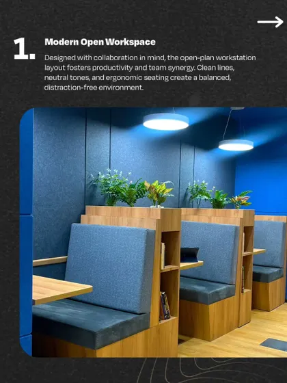 Modern privacy pods in the VentureX IFFCO Chowk open workspace. These blue-upholstered booths with built-in tables offer a distraction-free environment for focused work or private calls.