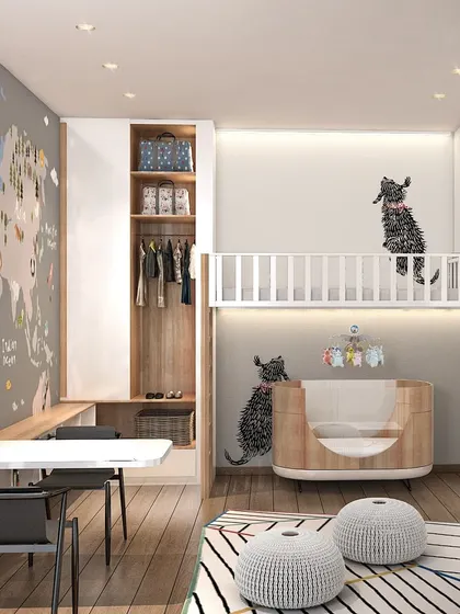 A render of a children's room, showcasing the initial vision for the space. This digital visualization helps us and our clients see how the layout, furniture, and decor will come together before construction begins.