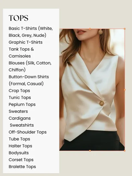 Let's start with tops. Your wardrobe should include basic t-shirts, silk or chiffon blouses, button-down shirts, and a few sweaters or cardigans for layering.
