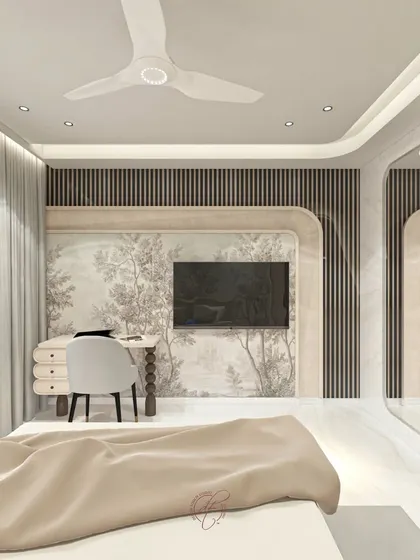 This 3D render showcases a bedroom design that blends nature-inspired wallpaper with contemporary fluted panels and a large, frameless mirror to create a serene and harmonious space.