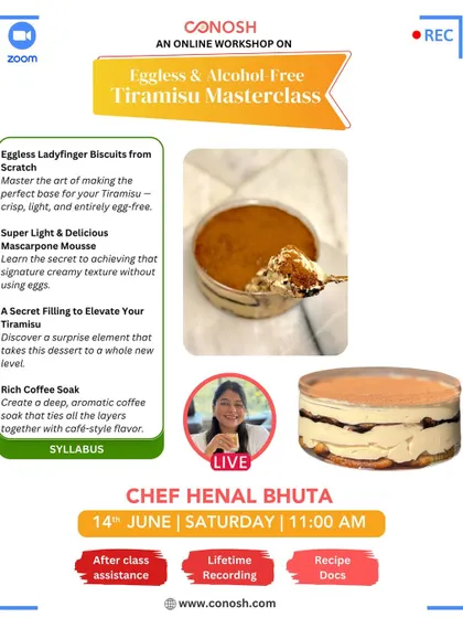 A closer look at my eggless and alcohol-free Tiramisu. The workshop covers creating a rich coffee soak and a secret filling that elevates this classic dessert to a whole new level.