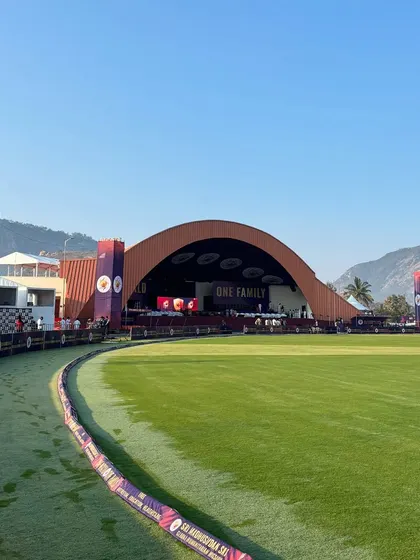 A wide view of the Sri Sathya Sai National Cricket League, where we transformed a world-class cricket ground into a venue for a grand celebration of sportsmanship. Our work included the main stage, branding, and audience infrastructure.