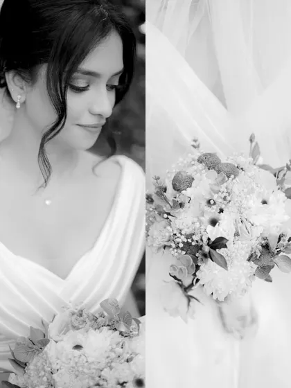 A black and white diptych focusing on the bride's serene expression and a close-up of her beautiful bouquet.
