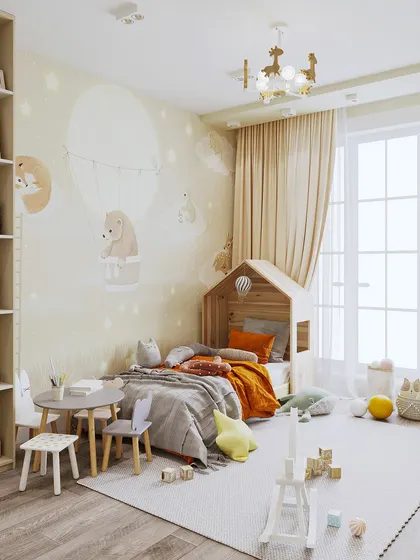 This perspective highlights the natural light and airy feel of the room, creating a pleasant environment for a child.