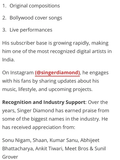 This piece highlights my growing digital presence and the appreciation I've received from industry legends like Sonu Nigam, Shaan, and Kumar Sanu.
