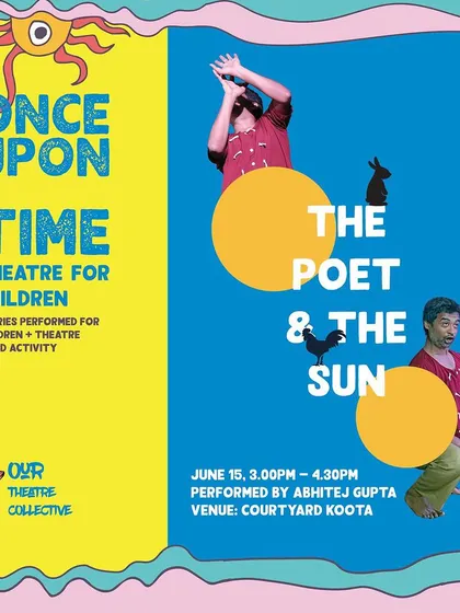 Another poster for the children's theatre show "The Poet & The Sun," highlighting the performers and the joyful, imaginative nature of the story.