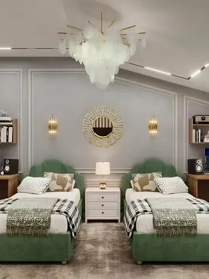 A symmetrical twin bedroom designed for productivity and relaxation. Each side has its own bed and computer desk, making it a perfect setup for siblings who need their own space for homework and hobbies.