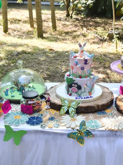 A closer look at the farmhouse-themed dessert table, featuring a custom two-tier cake on a rustic wood slice, jars of candy, and butterfly and flower decorations.