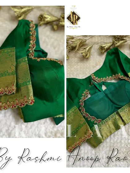 This green blouse features the saree's original zari border on the sleeves and back, enhanced with a delicate scalloped edge of red and gold embroidery.