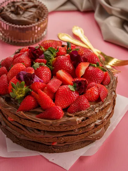 A Nutella and strawberry crepe cake. The vibrant colors and abundant toppings make this a showstopper shot for any bakery or dessert brand.