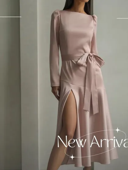 Meet the ENZO dress, one of my favorite new arrivals. I crafted this piece from dusty pink satin with elegant long sleeves and a self-tie belt to create a sophisticated silhouette. The tasteful side slit adds just the right amount of allure for formal events or special dinners.