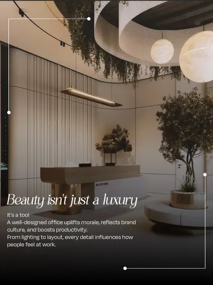 A beautifully designed office reception area where beauty is a functional tool. The image shows a curved reception desk, spherical pendant lights, and indoor plants, illustrating our belief that good design boosts morale and reflects brand culture.