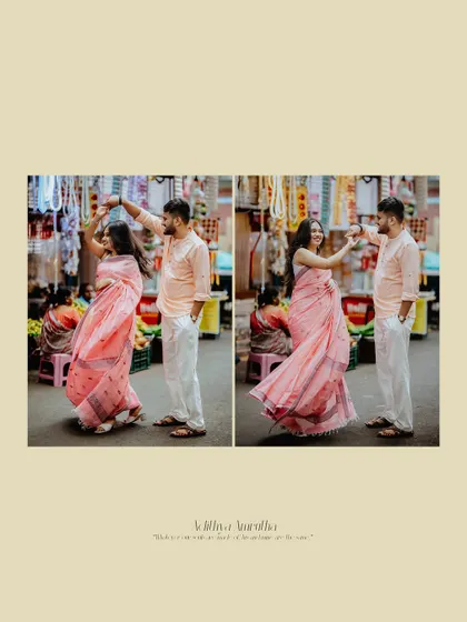 A beautiful album layout of the couple sharing a dance in the middle of the street, a spontaneous moment of joy.