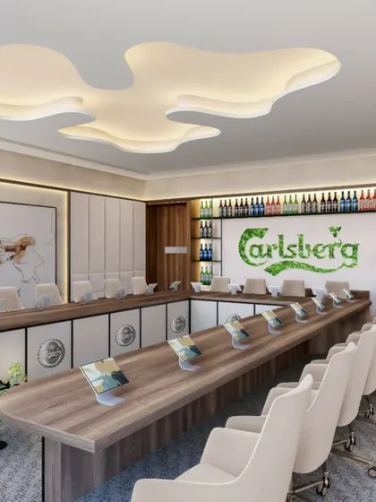 A 3D render of the Carlsberg boardroom, showcasing the initial concept. This visual was the key tool for communicating our vision for a space steeped in brand heritage.