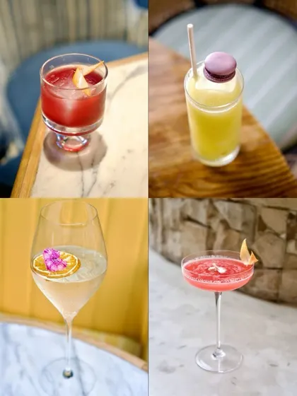 A snapshot of four of our most popular and visually stunning cocktails. This collage demonstrates the range of our menu, from the vibrant pink Cosmopolitan to the elegant G&T, each served in its perfect glassware.