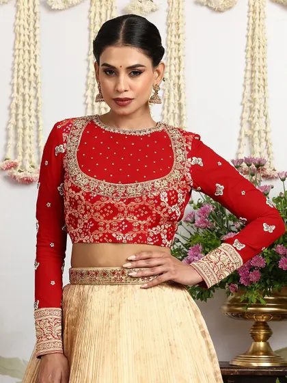 A detailed view of the front of the red blouse, showing the intricate sequin and thread embroidery.