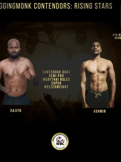 This official fight poster features our coach Rajith Kumar for a WBC Muay Thai Semi-Pro National Championship bout. Competing at this level demonstrates the professional quality and recognition of our trainers and our Muay Thai program.