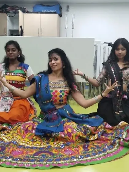A final pose before our Garba performance. The vibrant ghagras look amazing together.