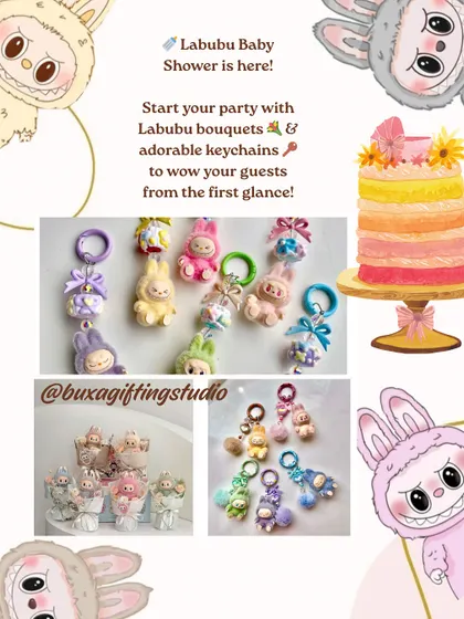 Thinking outside the box with a quirky and modern Labubu themed baby shower. These adorable character keychains and bouquets are a fun way to surprise guests.