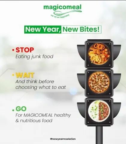 A creative New Year resolution guide. We encourage making healthier choices by stopping junk food and going for our healthy and nutritious meals, making every bite count towards your wellness goals.