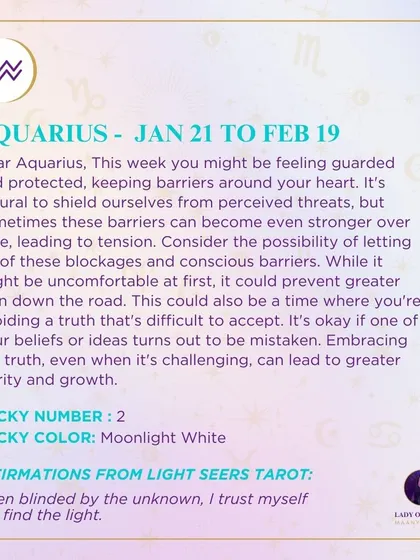 This week's tarot guidance for Aquarius. You might be feeling guarded, but consider the possibility of letting go of these blockages. Embracing the truth can lead to growth.