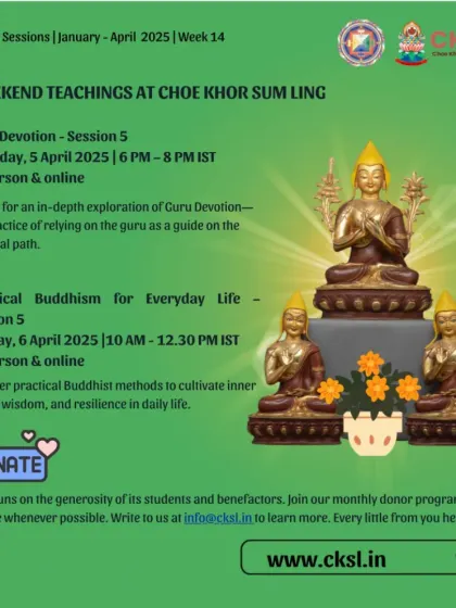 An example of our weekend teachings, continuing the exploration of "Guru Devotion" and "Practical Buddhism." The visual of Lama Tsongkhapa with his two main disciples reflects the importance of the lineage in our teachings.