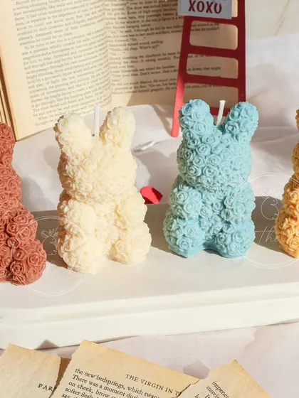 The full lineup of my Rose Bear candles, now including the new sky blue color. They look so sweet all together.