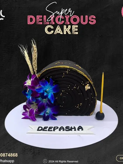 An artistic and elegant chocolate log cake, personalized for Deepasha. This unique design is decorated with stunning blue and purple orchids, adding a touch of natural beauty.