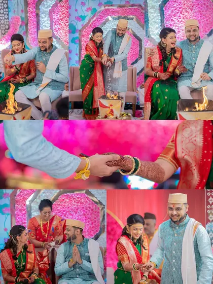 A collage of a Maharashtrian wedding ceremony, showing the couple performing rituals around the sacred fire and sharing happy moments.