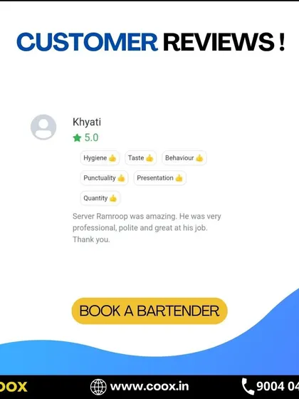 This client specifically praised their server Ramroop for being professional, polite, and great at his job. I ensure my team members are not just skilled but also provide excellent hospitality.