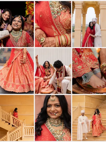 A collage showcasing the rich details of the Jaisalmer wedding, from the bride's silver payal to the intricate karigari on her lehenga.