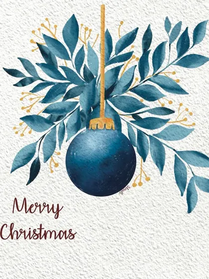 A classic and elegant Christmas card design. This digital illustration features a blue bauble hanging from a spray of delicate leaves, creating a peaceful and beautiful festive image.