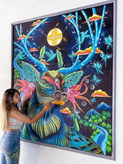'The celestial grace in blue' is a large panel mural I painted in Uttarakhand. This piece showcases my love for intricate, free-flowing designs that blend nature with surreal and spiritual elements. It’s an example of how we can create a statement decor piece that is both magical and deeply personal.