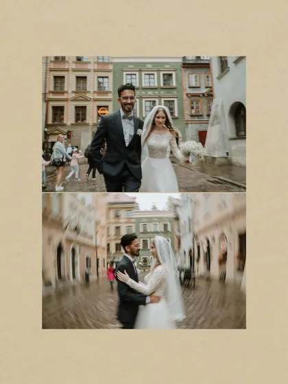A creative shot using a lens-blur effect to frame the couple in the heart of a Polish street, creating a dreamy, romantic feel.