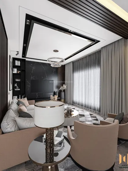 A detailed shot of the living room's layered ceiling and TV unit, demonstrating our attention to architectural details.