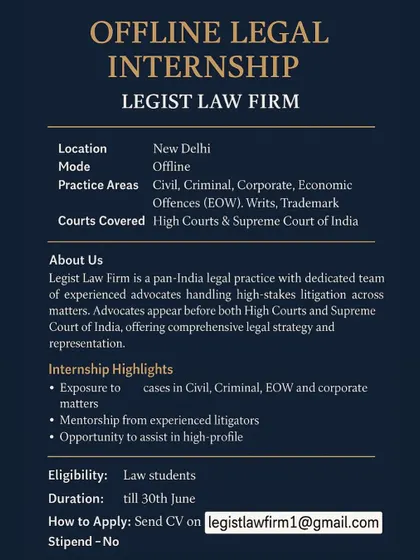 We are committed to mentoring the next generation of legal professionals. This is an announcement for our offline legal internship program in New Delhi, offering law students exposure to Civil, Criminal, and Corporate law cases.