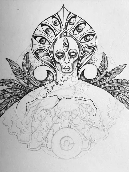 An earlier progress shot of the multi-eyed goddess.
