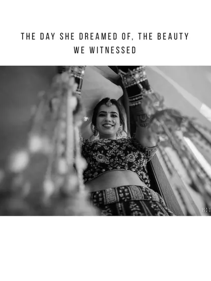 "The day she dreamed of, the beauty we witnessed." A joyful, candid shot of the bride, captured in black and white to emphasize the timeless happiness of the moment.