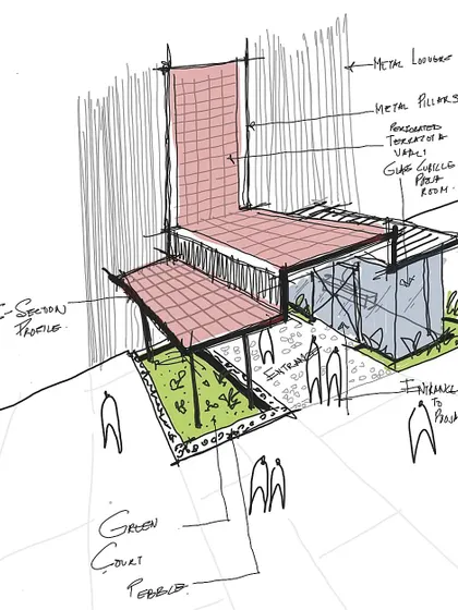 The preliminary concept sketch for the school entrance redesign. This drawing shows the initial idea of combining a green court with a metal and terracotta structure to create a unified and welcoming entry point.