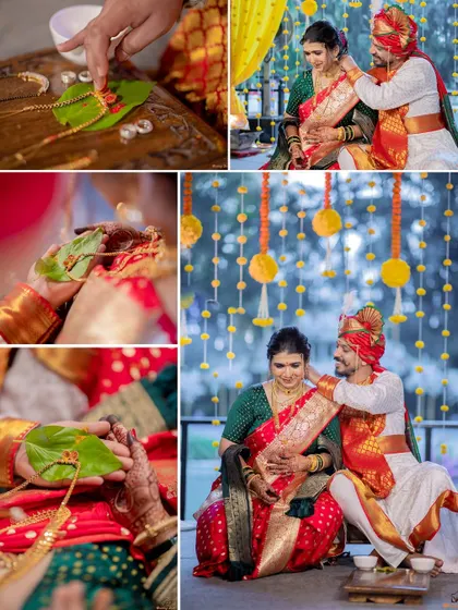 A collage showing the mangalsutra ritual, a significant and emotional part of a Maharashtrian wedding ceremony.