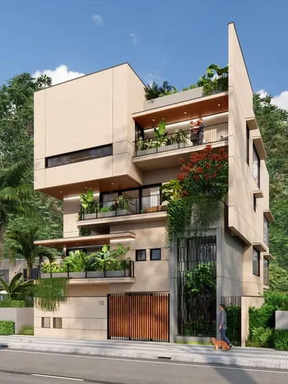 An exploration of dramatic verticality in our design for the 40x40 plot, using a fin wall to anchor the composition and add a sculptural quality.