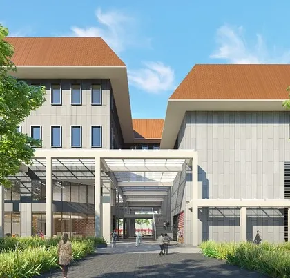 This render illustrates a hospital entrance designed with modular principles. The clean lines and prefabricated elements allow for efficient assembly and a modern aesthetic.
